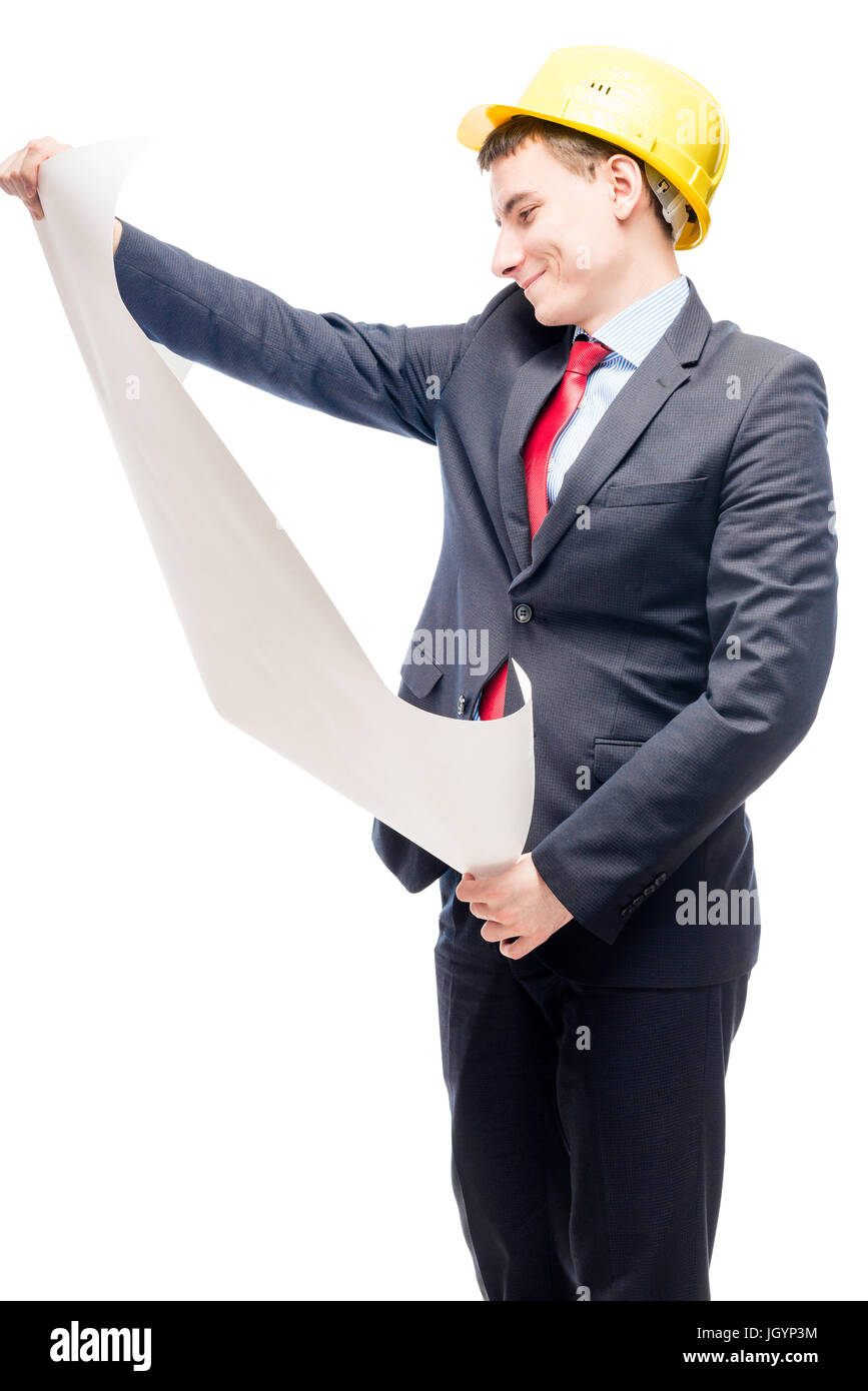 Male Construction Engineer on a White Background Background with Space for  Text. Architect with Drawings on a Construction Site Stock Image - Image of  adult, drawings: 246901555