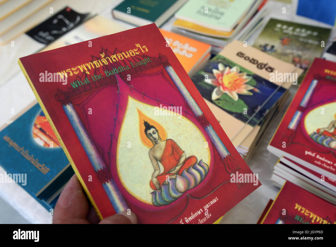 Buddhist books. The Buddha and his teachings.  Geneva. Switzerland. Stock Photo