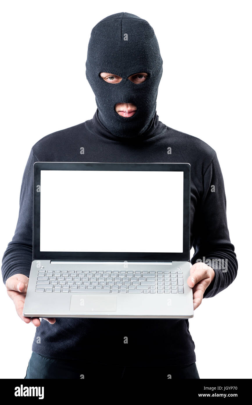 Mask Computer Trakker Hacker in a mask with a laptop, space for writing on the laptop's ...