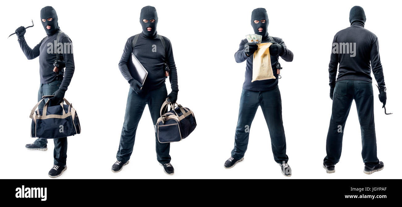 Four full-length portraits of a thief in a mask isolated Stock Photo