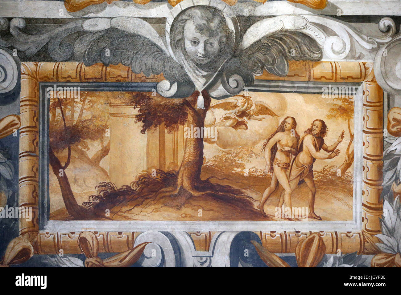 Pilgrimage church Madonna del Sasso. The fall of Adam and Eve : expulsion from Eden.  Orselina. Switzerland. Stock Photo