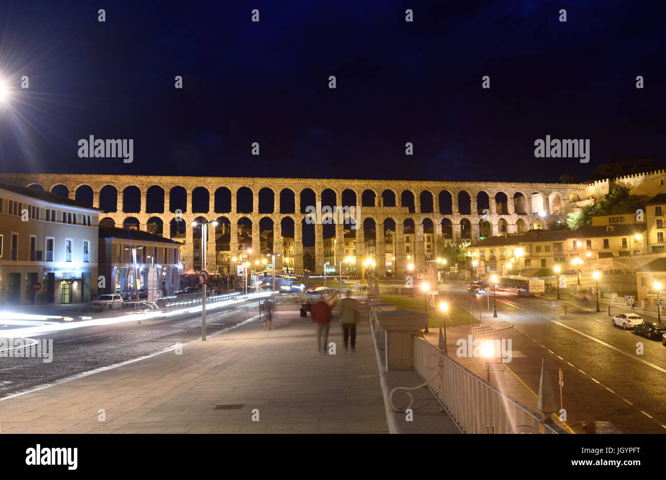 Night in the Roman aqueduct of Segovia, Castilla-Leon,Spain Stock Photo ...