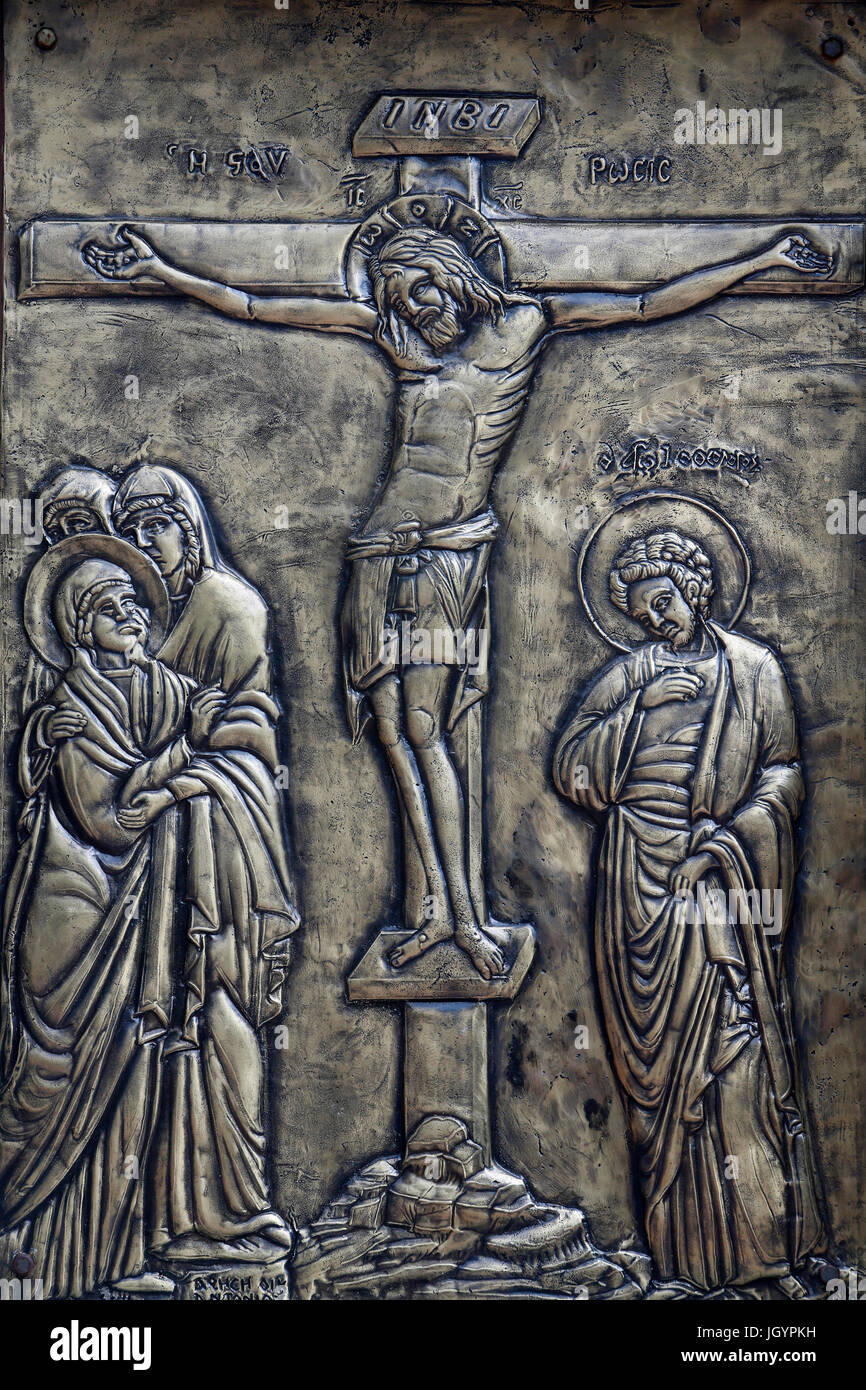 Relief outside Holy cross church, Pedoulas. Jesus Christ on the cross. Cyprus. Stock Photo