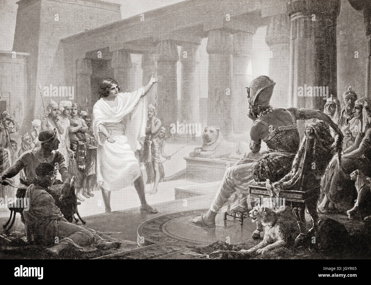 Joseph interpreting the Pharaohs' dreams.  Joseph, sold into slavery by his jealous brothers, he rose to become vizier, the second most powerful man in Egypt after interpreting the Pharaohs' dreams.  After the painting by Margaret Dovaston (1884-1954).  From Hutchinson's History of the Nations, published 1915. Stock Photo