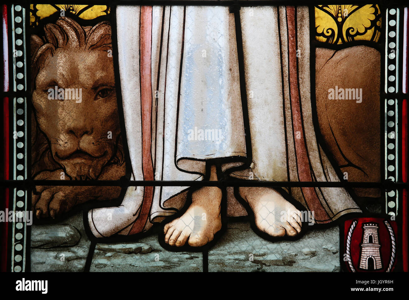 Saint-Martin d'Ainay Basilica. Stained glass window. Saint Blandina : Christian martyr during the reign of Emperor Marcus Aurelius. Lyon. France. Stock Photo