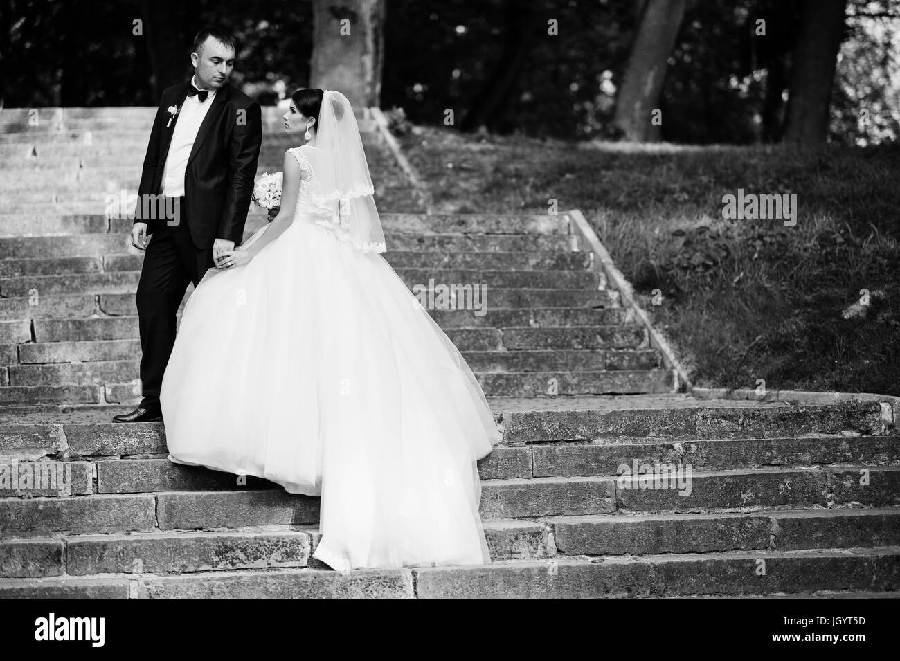 Perfect wedding couple posing on the stairs in the park. Black and white photo. Stock Photo