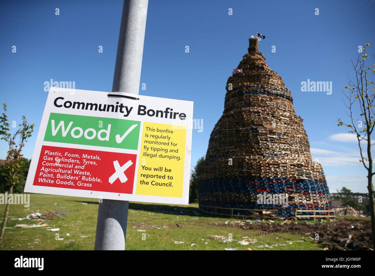 A bonfire in Kilcooley, Bangor, ahead of the key date in the protestant loyal order marching season - the Twelfth of July. Stock Photo