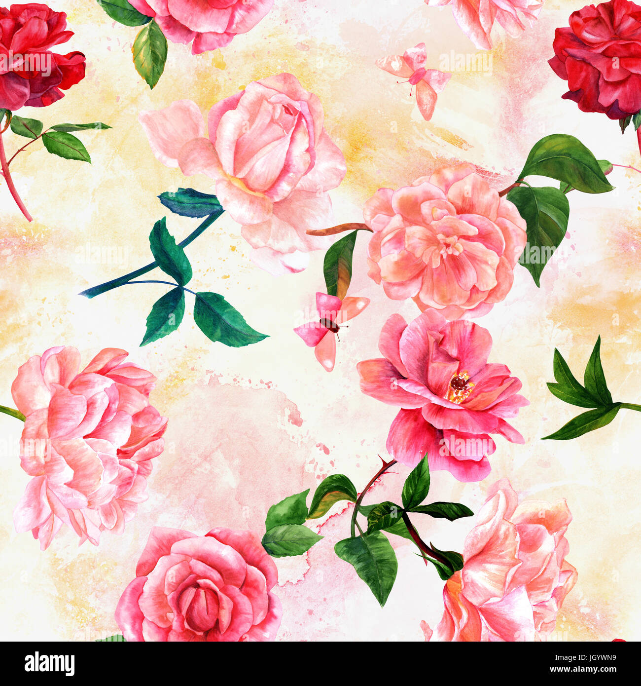 Seamless pattern with watercolor drawings of blooming red and pink ...