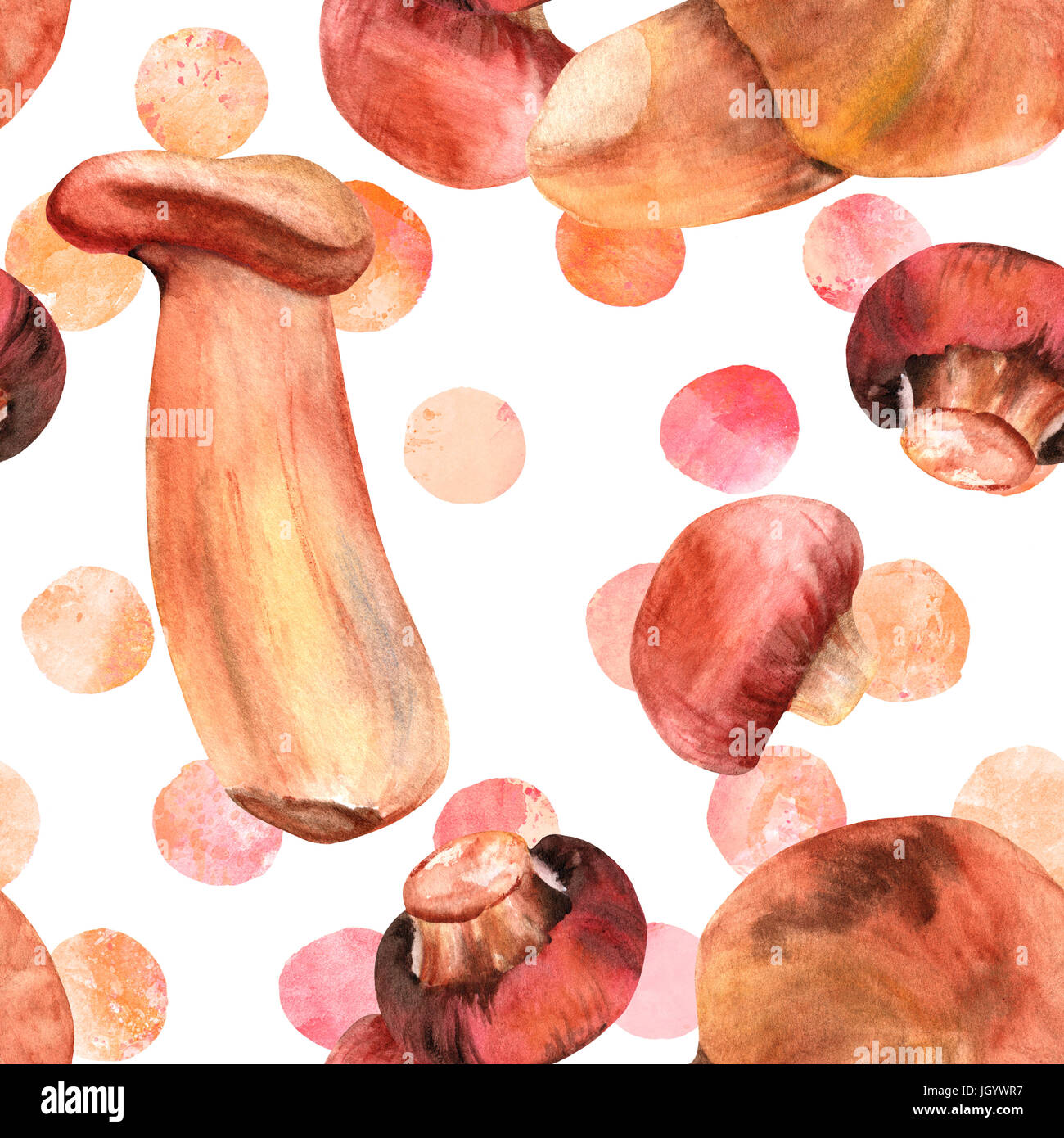 A seamless background pattern with watercolor drawings of mushrooms