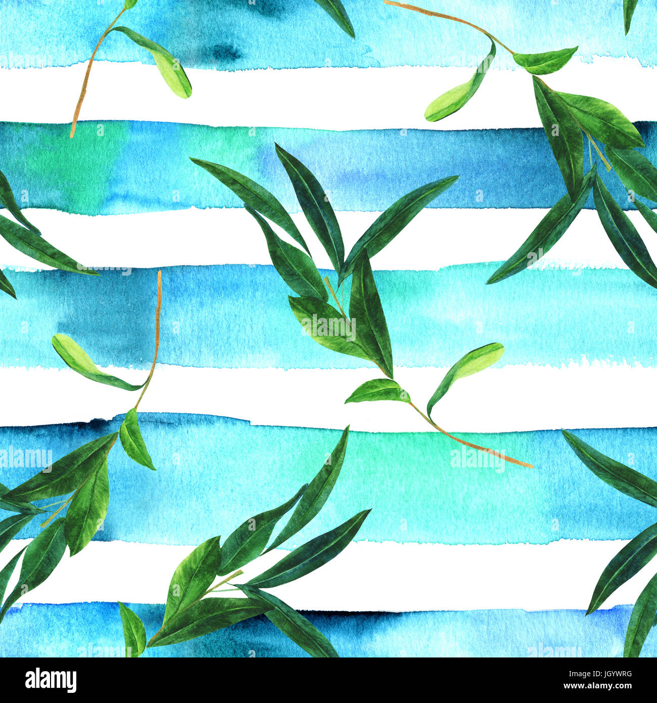 A seamless pattern with a watercolor drawing of a green olive branch on ...