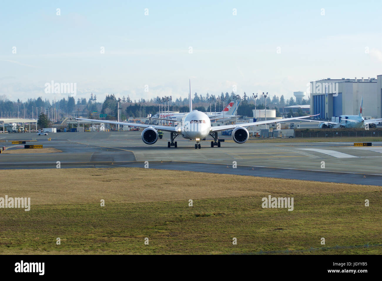 EVERETT, WASHINGTON, USA - JAN 26th, 2017: Brand new Japan Airlines Boeing 787-9 MSN 34843, Registration JA867J lining up for takeoff for a test flight at Snohomish County Airport or Paine Field Stock Photo