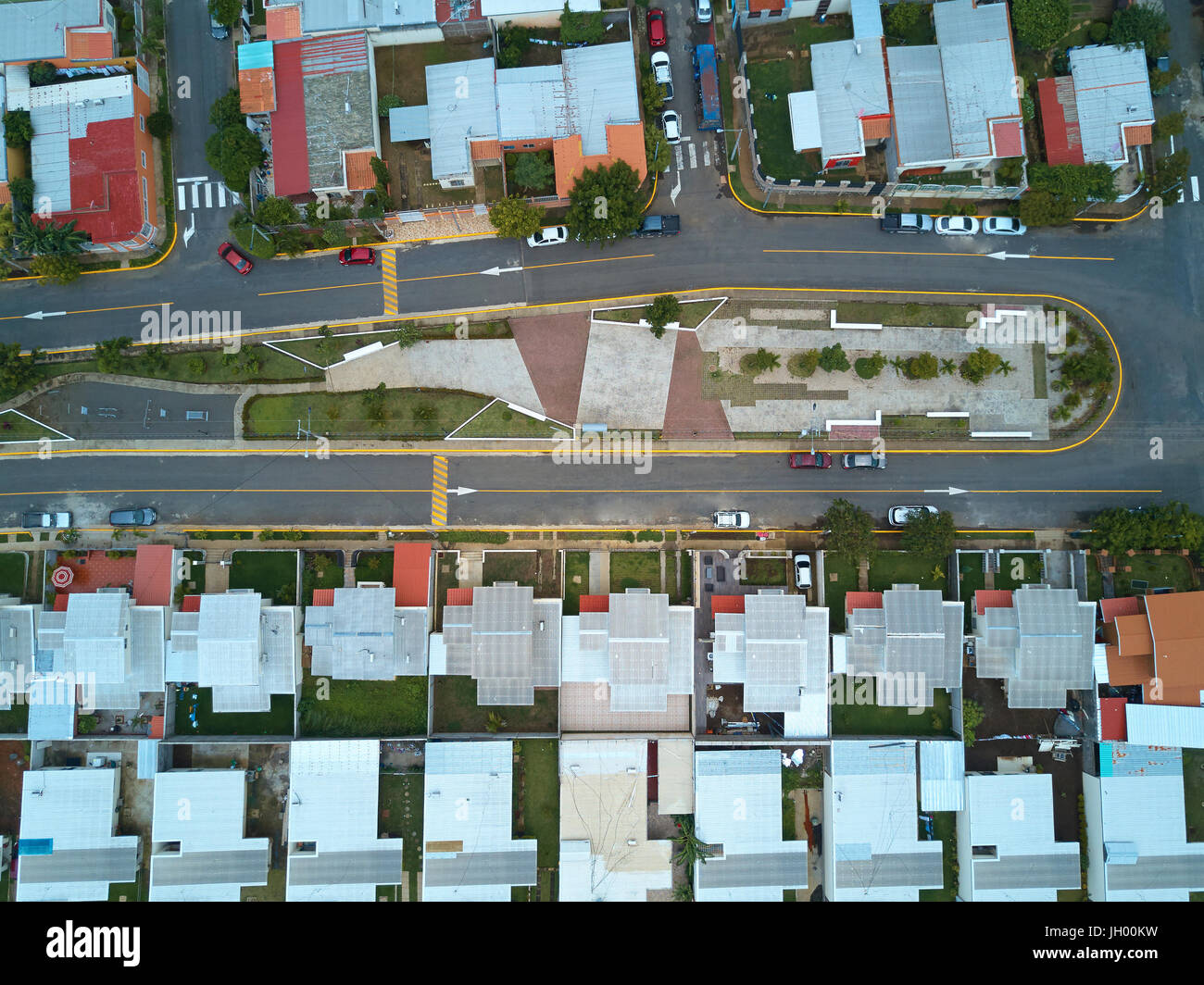 Broadwalk in residential area aerial above view. Park in city district Stock Photo