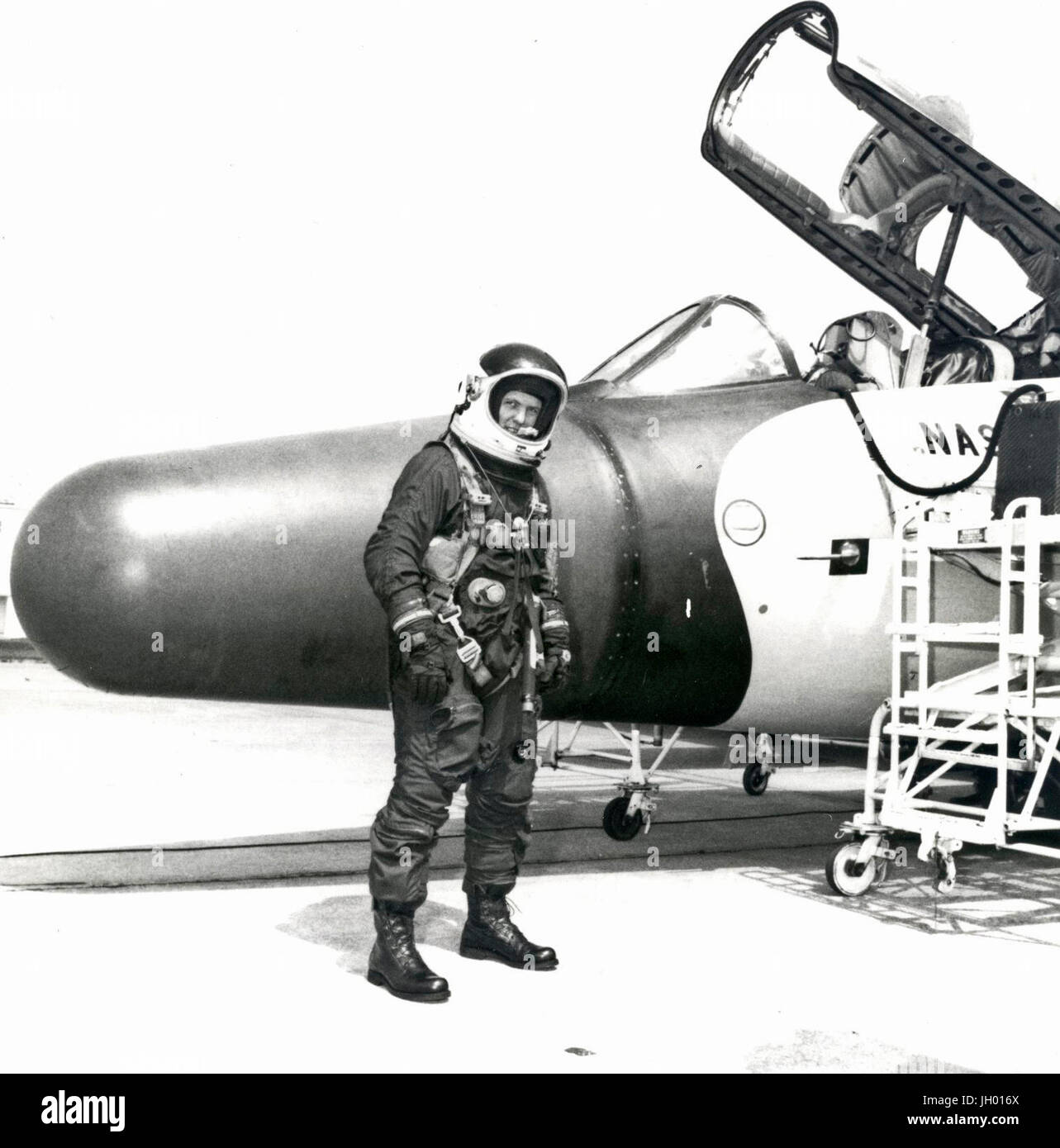 An unofficial sustained American aviation altitude record for women was set July 1, 1979, by astronaut candidate Kathryn D. Sullivan in a NASA WB-57F reconnaissance aircraft. The record altitude of 63,300 feet was reached during a four-hour flight. Sullivan, in a high altitude pressure suit, operated color infrared cameras and multispectral scanning equipment as the WB-57F spent one and one-half hours of the Big Bend area of West Texas. Piloting the aircraft was Jim Korkowski, one of the NASA Airborne Instrumentation Research Program Pilots. The flight was out of Ellington AFB near Houston. Su Stock Photo