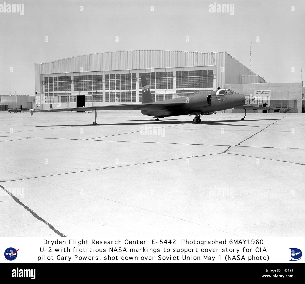After Francis Gary Powers was shot down over the Soviet Union during a CIA spy flight on 1 May 1960, NASA issued a press release with a cover story about a U-2 conducting weather research that may have strayed off course after the pilot 'reported difficulties with his oxygen equipment.'To bolster the cover-up, a U-2 was quickly painted in NASA markings, with a fictitious NASA serial number, and put on display for the news media at the NASA Flight Research Center at Edwards Air Force Base on 6 May 1960. The next day, Soviet Premier Nikita Kruschev exposed the cover-up by revealing that the pilo Stock Photo