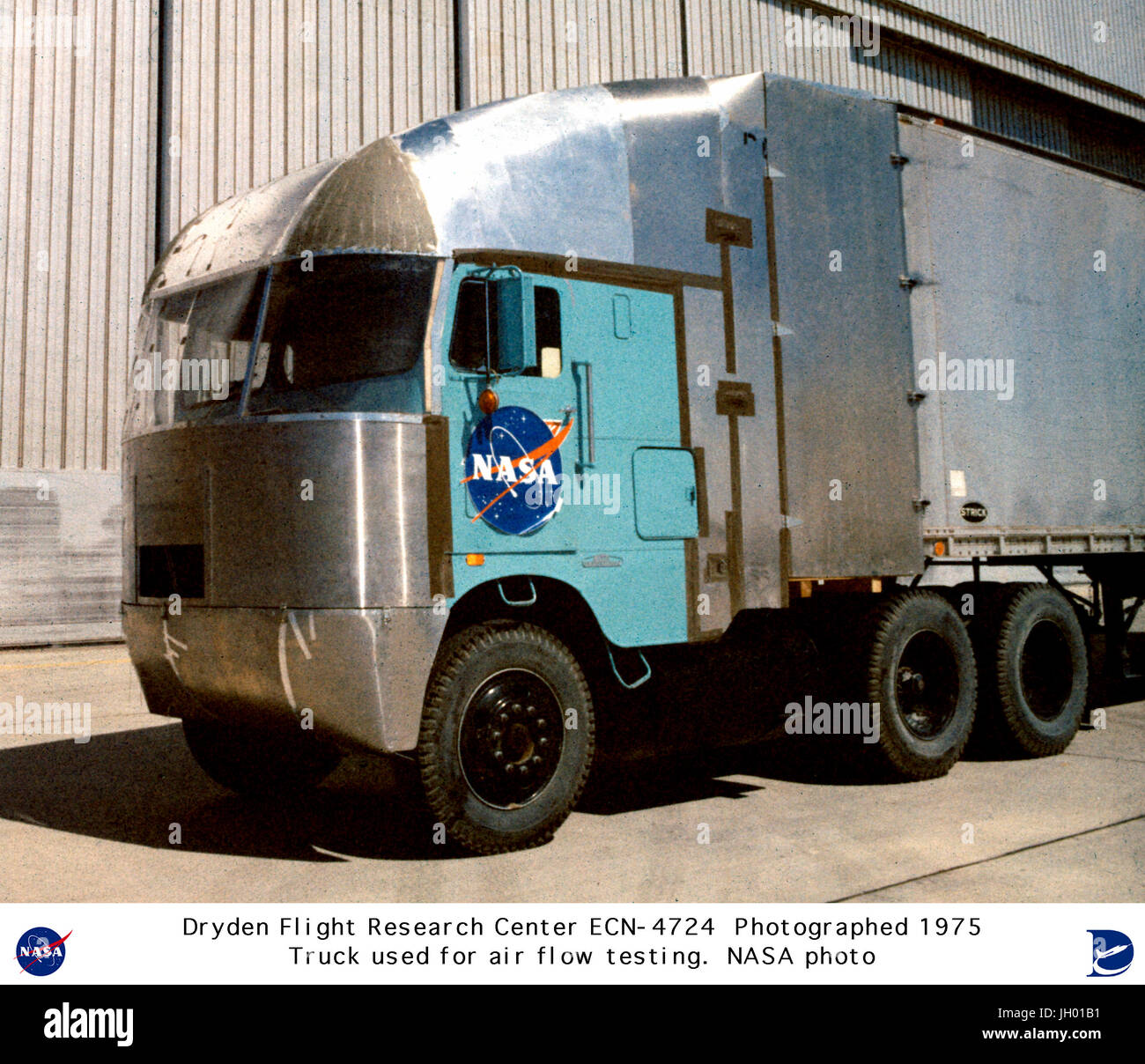 After leasing a cab-over tractor-trailer from a Southern California firm, Dryden researchers added sheet metal modifications like those shown here. They rounded the front corners and edges, and placed a smooth fairing on the cab's roofs and sides extending back to the trailer..During the investigation of truck aerodynamics, the techniques honed in flight research proved highly applicable. By closing the gap between the cab and the trailer, for example, researchers discovered a significant reduction in aerodynamic drag, one resulting in 20 to 25 percent less fuel consumption than the standard d Stock Photo