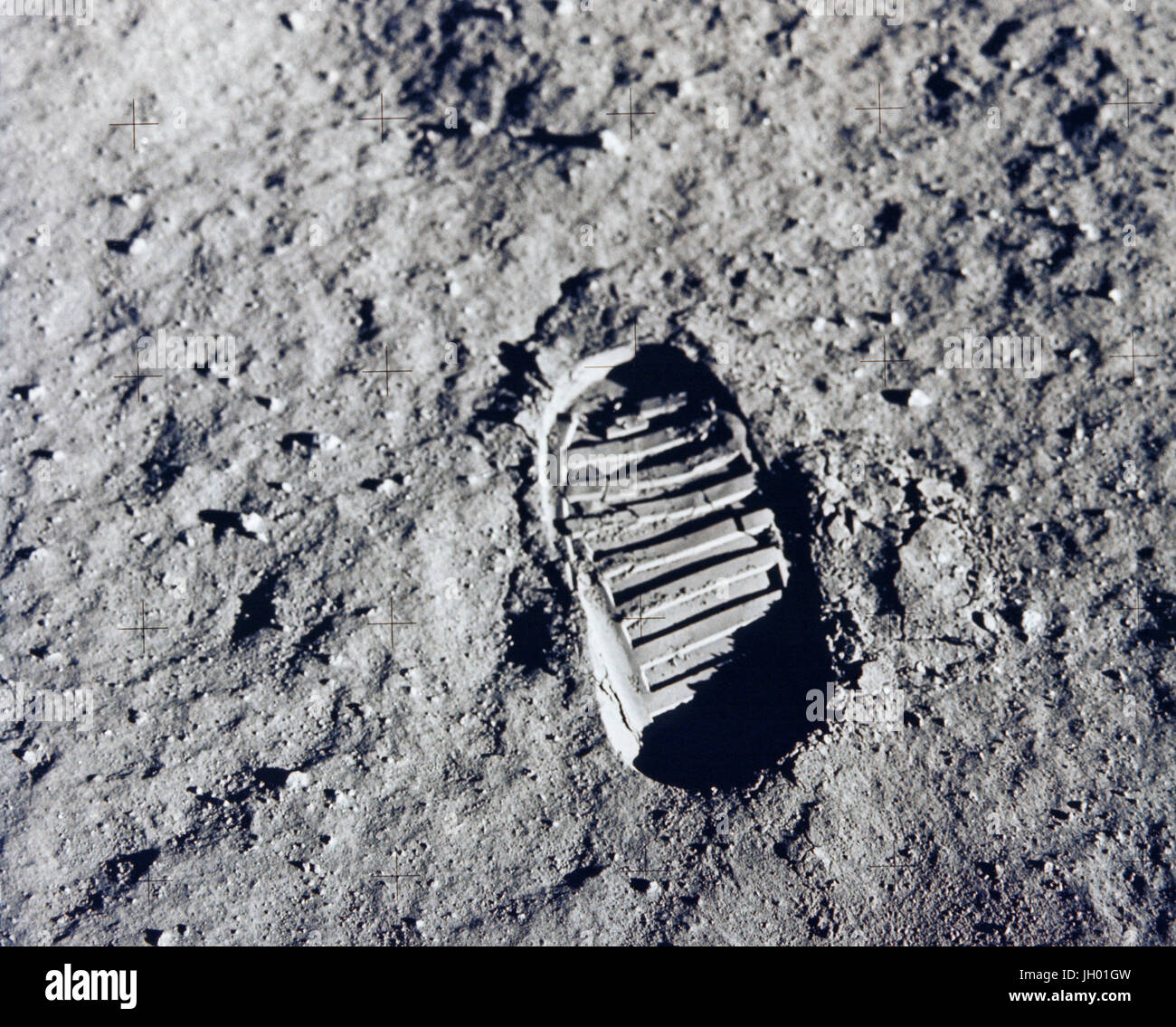 One of the first steps taken on the Moon, this is an image of Buzz Aldrin's bootprint from the Apollo 11 mission. Neil Armstrong and Buzz Aldrin walked on the Moon on July 20, 1969. Stock Photo