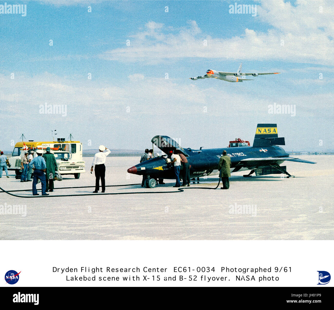 As crew members secure the X-15 rocket-powered aircraft after a research flight, the B-52 mothership used for launching this unique aircraft does a low fly-by overhead. The X-15s made a total of 199 flights over a period of nearly 10 years -- 1959 to 1968 -- and set unofficial world speed and altitude records of 4,520 mph (Mach 6.7) and 354,200. Information gained from the highly successful X-15 program contributed to the development of the Mercury, Gemini, and Apollo piloted spaceflight programs, and also the Space Shuttle program. Stock Photo