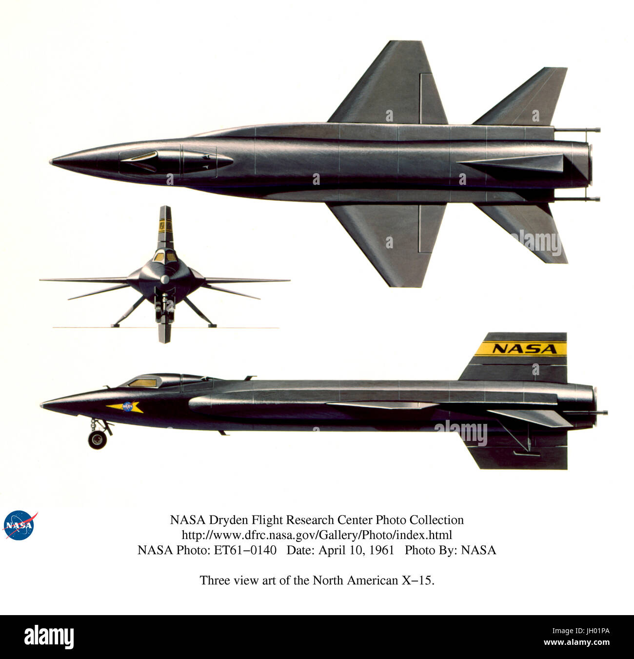 Three view art of the North American X-15..4/10/61.An unofficial motto of flight research in the 1940s and 1950s was 'higher and faster.' By the late 1950s the last frontier of that goal was hypersonic flight (Mach 5+) to the edge of space. It would require a huge leap in aeronautical technology, life support systems and flight planning. The North American X-15 rocket plane was built to meet that challenge. It was designed to fly at speeds up to Mach 6, and altitudes up to 250,000 ft. The aircraft went on to reach a maximum speed of Mach 6.7 and a maximum altitude of 354,200 ft. Looking at it  Stock Photo