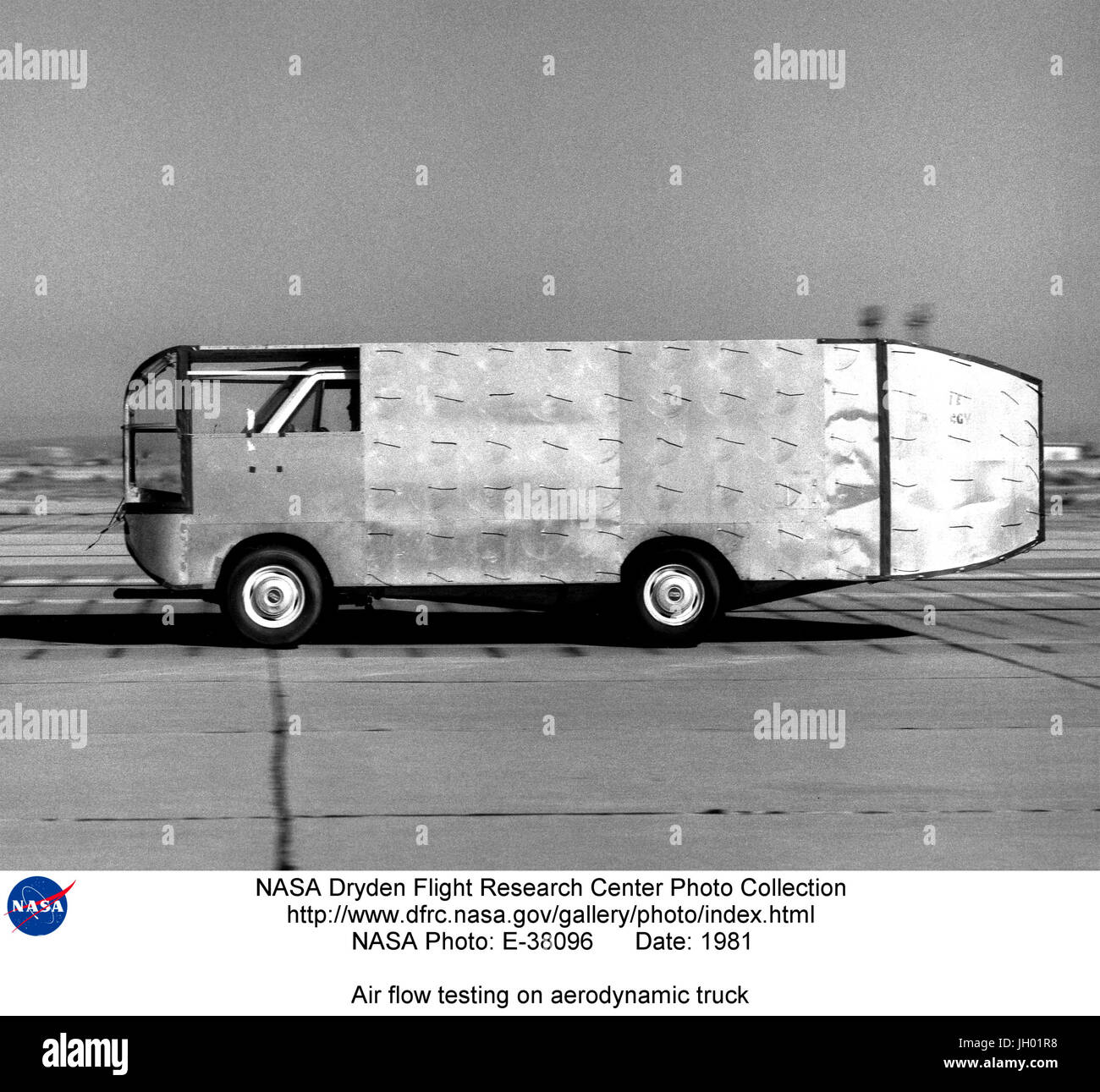 This photograph illustrates a standard passenger van modified at the Dryden Flight Research Center to investigate the aerodynamics of trucks. The resulting vehicle--re-fashioned with sheet metal--resembled a motor home, with rounded vertical corners on the vehicle's front and rear sections. For subsequent tests, researchers installed a 'boat tail' structure, shown in the photograph.During a decade spanning the 1970s and 1980s, Dryden researchers conducted tests to determine the extent to which adjustments in the shape of trucks reduced aerodynamic drag and improved efficiency. During the tests Stock Photo