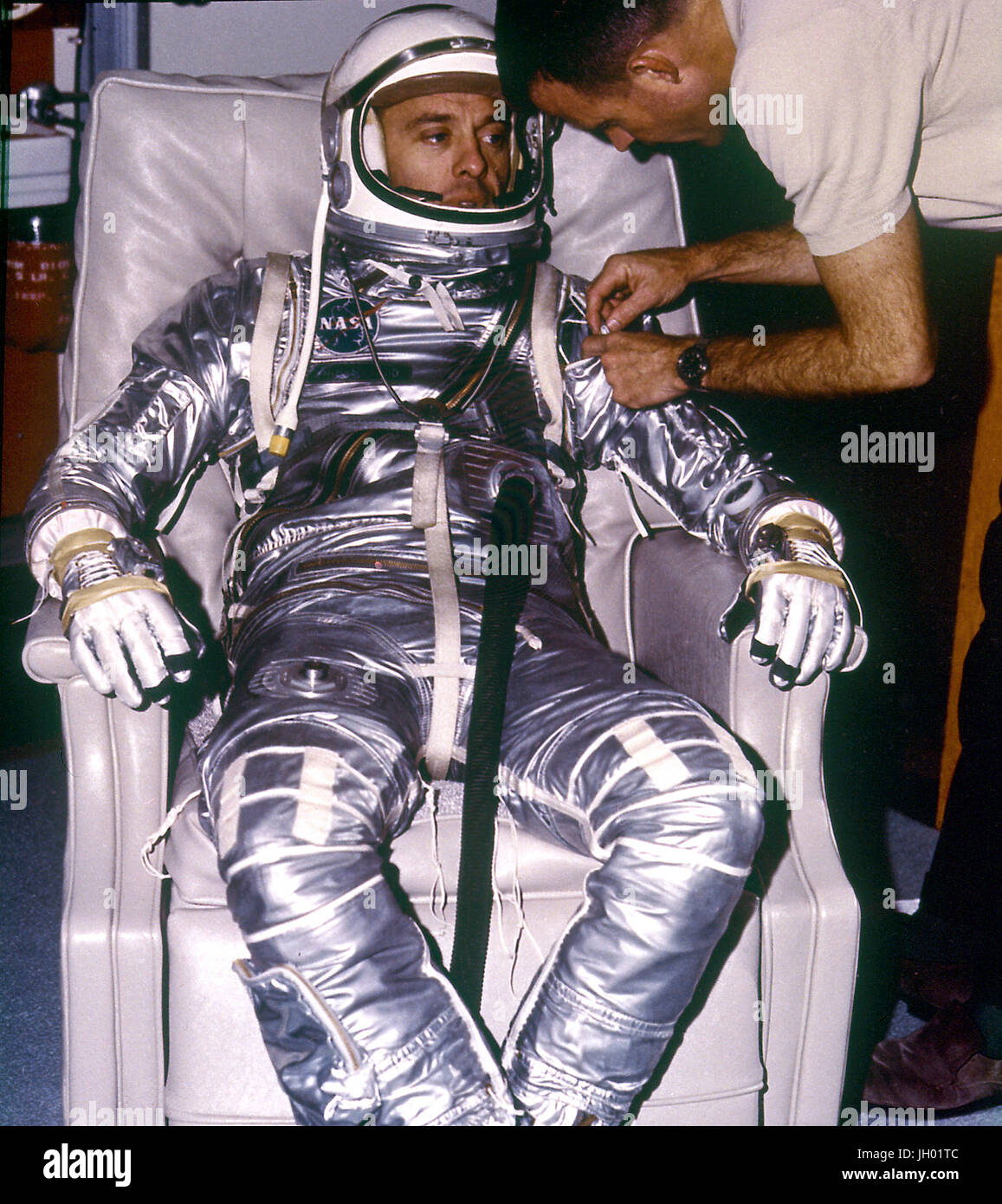 Astronaut Alan B. Shepard, Jr. during suiting for First Manned Suborbital Flight on MR-3 (Mercury-Redstone). Freedom 7, on May 5, 1961. Stock Photo