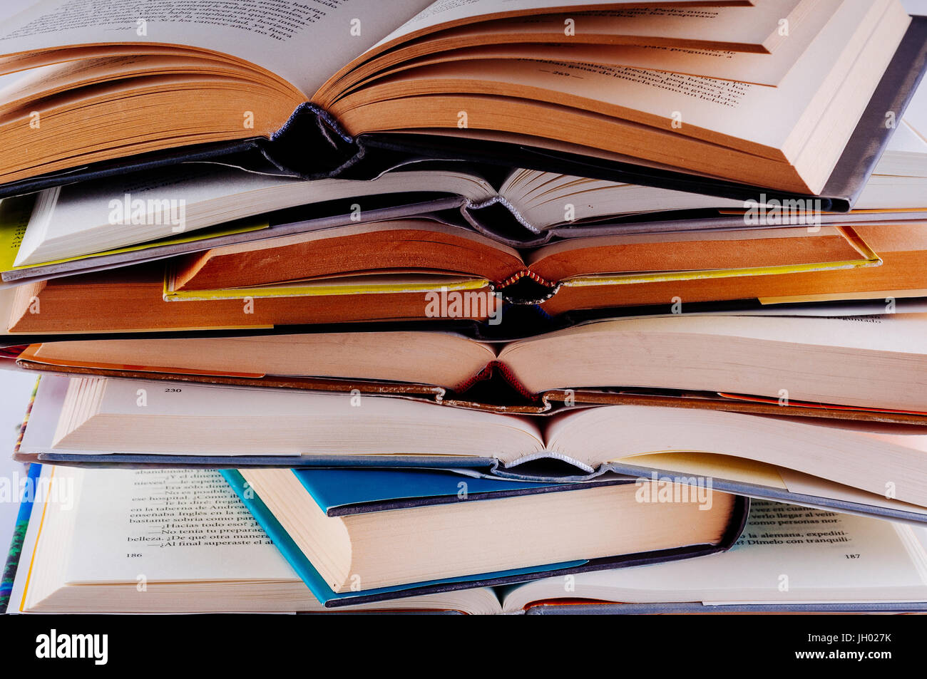 Pile of books of literature, reading magnify. Stock Photo