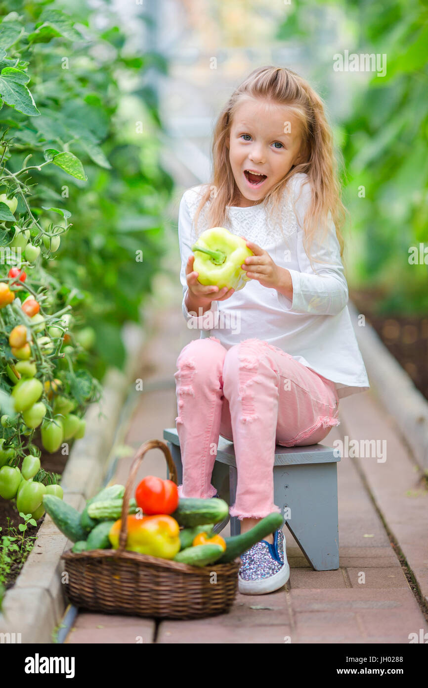 Adorable little girl harvesting in greenhouse. Portrait of kid with the ...