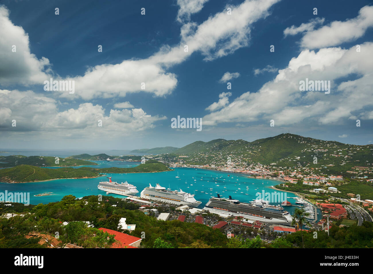 Caribbean cruise theme. Caribbean blue bay aerial view with cruise ships Stock Photo