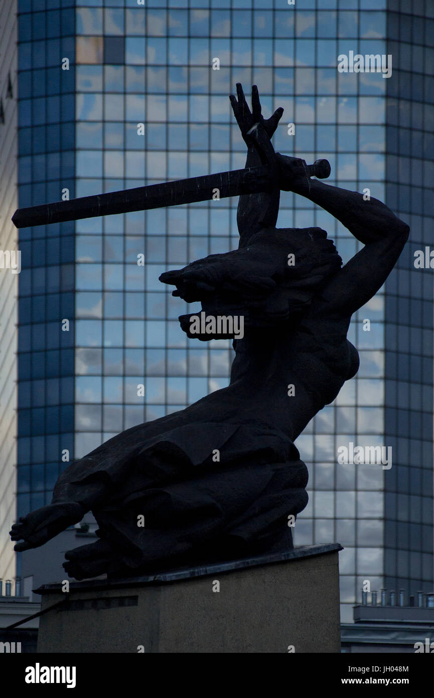 The Monument to the Heroes of Warsaw also known as the Warsaw Nike and Blekitny Wiezowiec (Blue Skyscraper) in Warsaw, Poland. 6 April 2017 © Wojciech Stock Photo