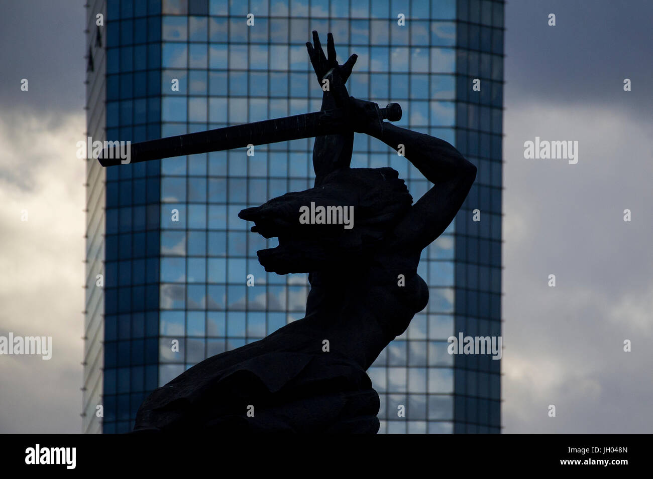 The Monument to the Heroes of Warsaw also known as the Warsaw Nike and Blekitny Wiezowiec (Blue Skyscraper) in Warsaw, Poland. 6 April 2017 © Wojciech Stock Photo