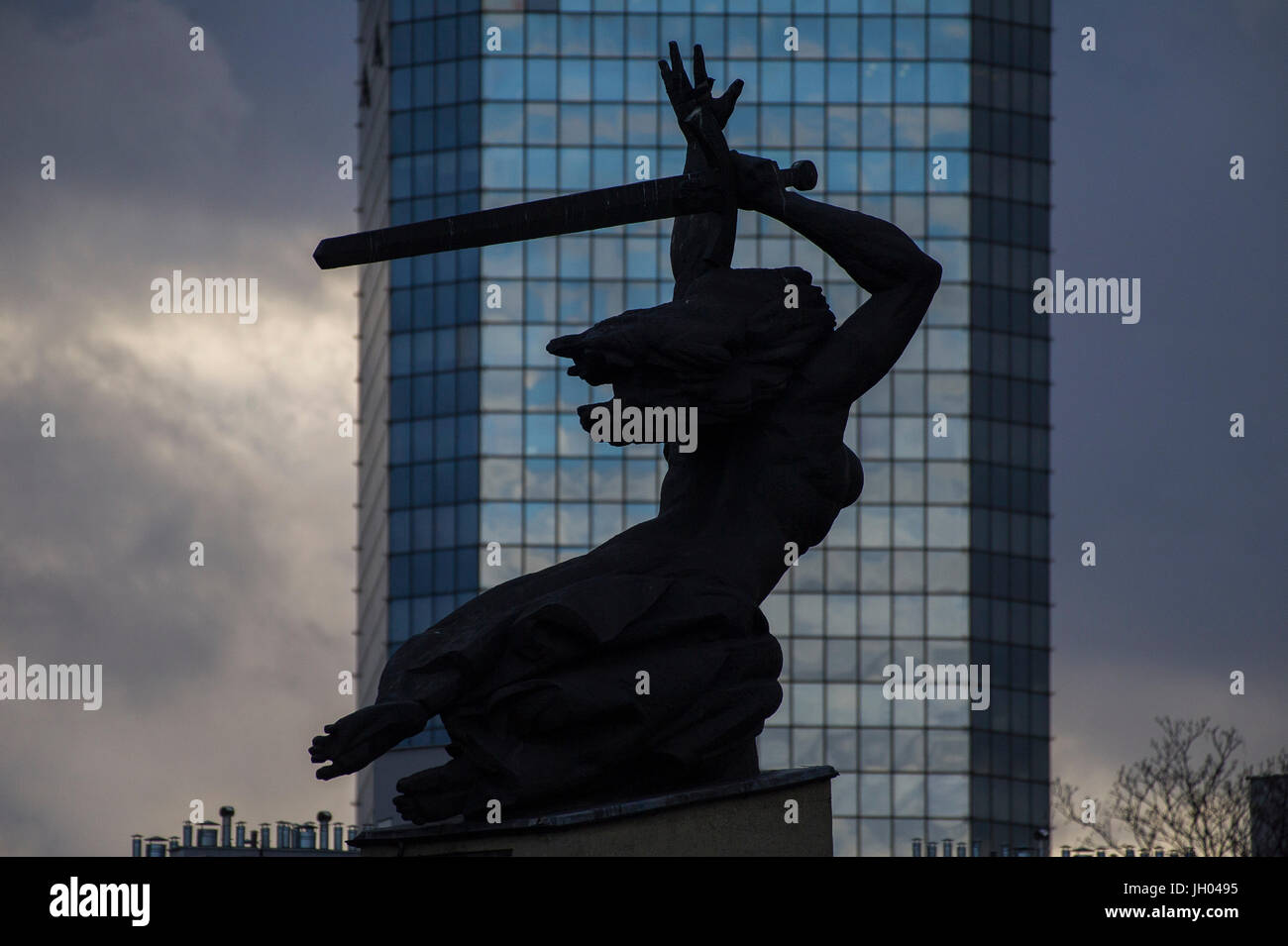The Monument to the Heroes of Warsaw also known as the Warsaw Nike and Blekitny Wiezowiec (Blue Skyscraper) in Warsaw, Poland. 6 April 2017 © Wojciech Stock Photo