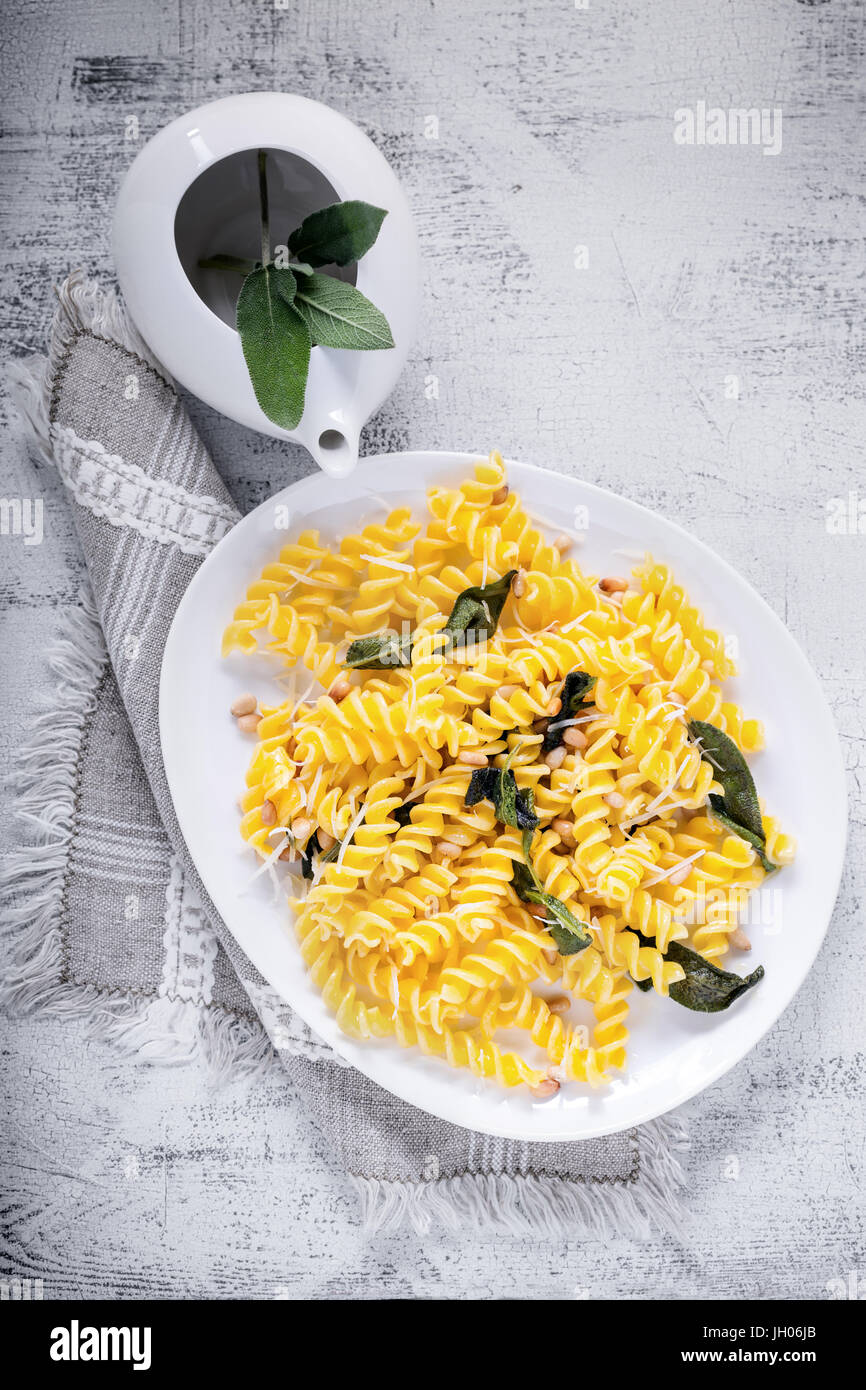 Fusilli pasta with sage and pine nuts. Gluten free. Flour from rice and
