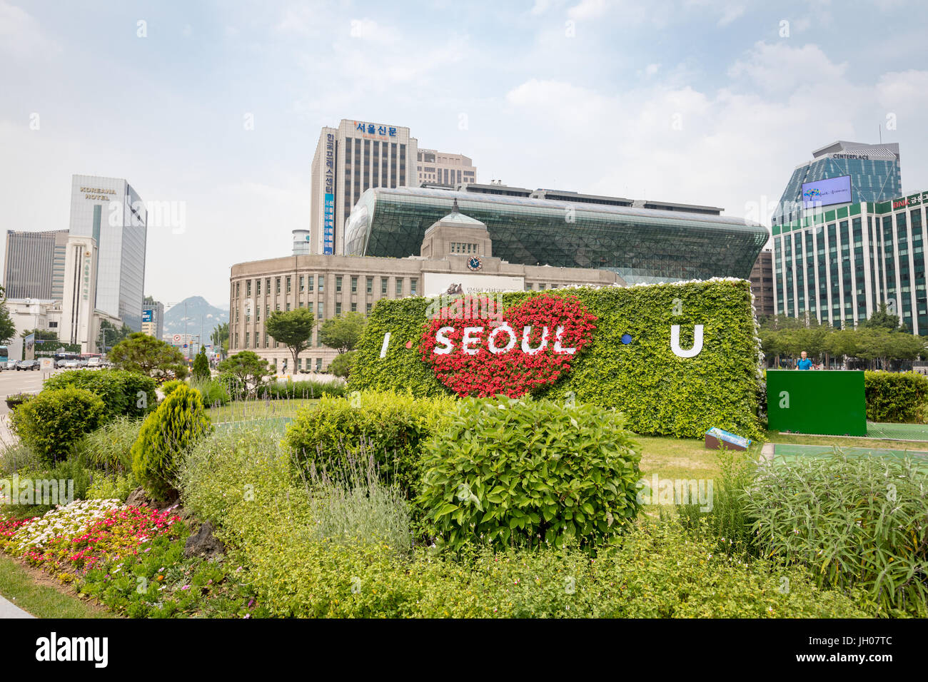 Seoul City hall with I SEOUL U on Jun 19, 2017. City Hall is a governmental building for the Seoul Metropolitan Government in South Korea. Stock Photo
