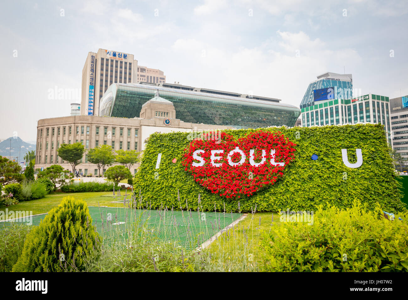 Seoul City hall with I SEOUL U on Jun 19, 2017. City Hall is a governmental building for the Seoul Metropolitan Government in South Korea. Stock Photo