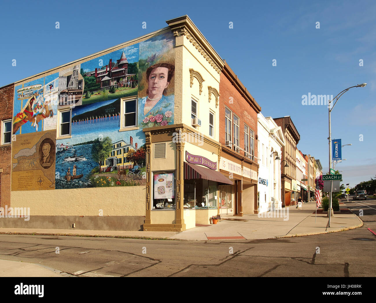 Canandaigua , New York, USA. July 11, 2017. Corner of Coach Street and South Main Street in downtown Canandaigua, New York on the shore of Canandaigua Stock Photo
