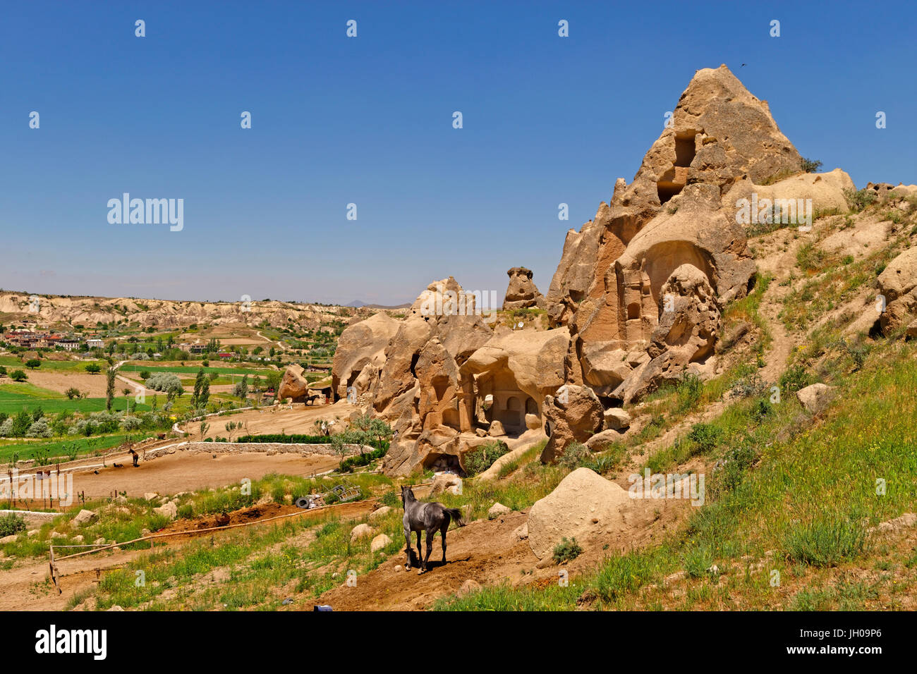 Cave dwellings at Goreme National Park in Cappadocia, Turkey. Stock Photo