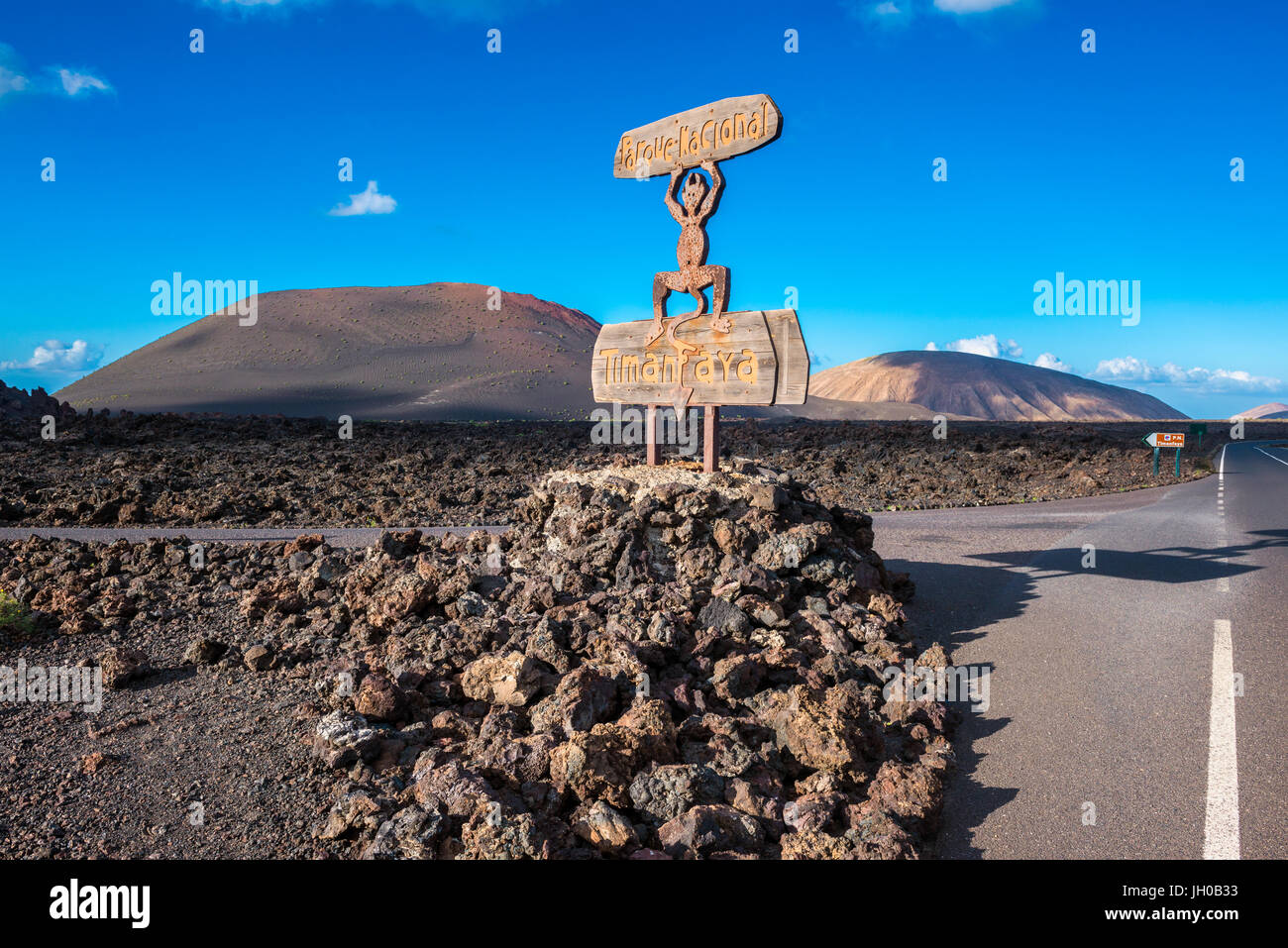 Entrance Sign to Timanfaya National Park, Lanzarote, Canary Islands, Spain. The parkland is entirely made up of volcanic soil Stock Photo
