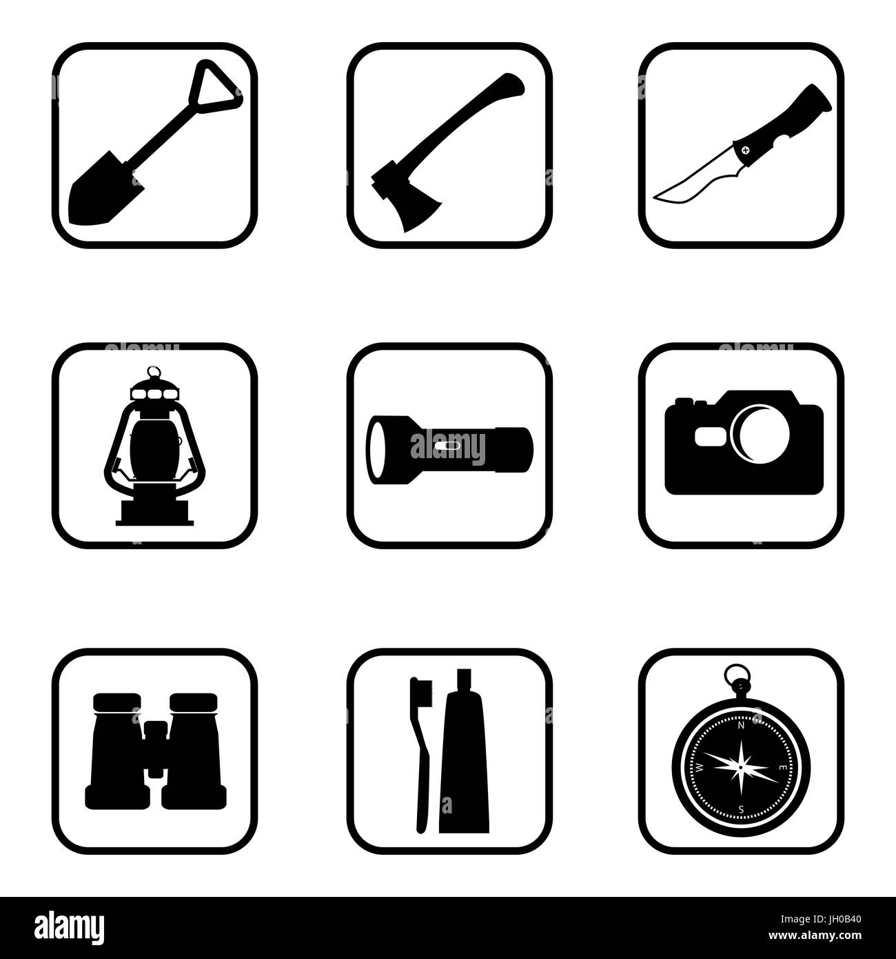 Hiking and camping icons on white background. Vector illustration Stock ...
