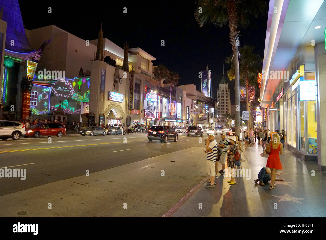 Los Angeles, California, USA: Hollywood Boulevard and the Hollywood Walk of Fame at night Stock Photo