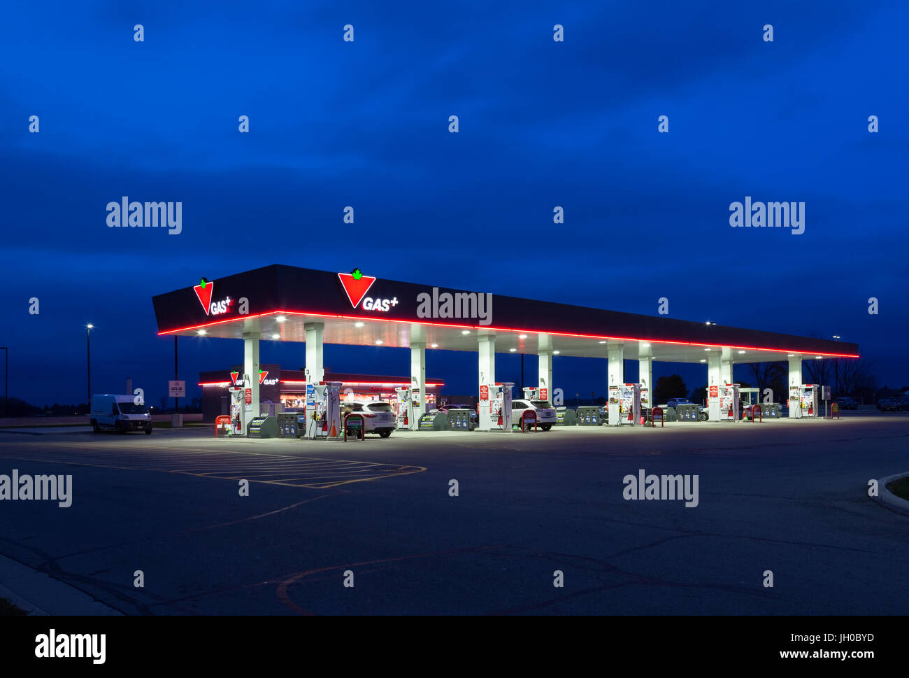 A Canadian Tire Gas Station at an ONroute service centre or travel plaza owned by Host Kilmer Service Centres HKSC in King City, York Region, Ontario. Stock Photo