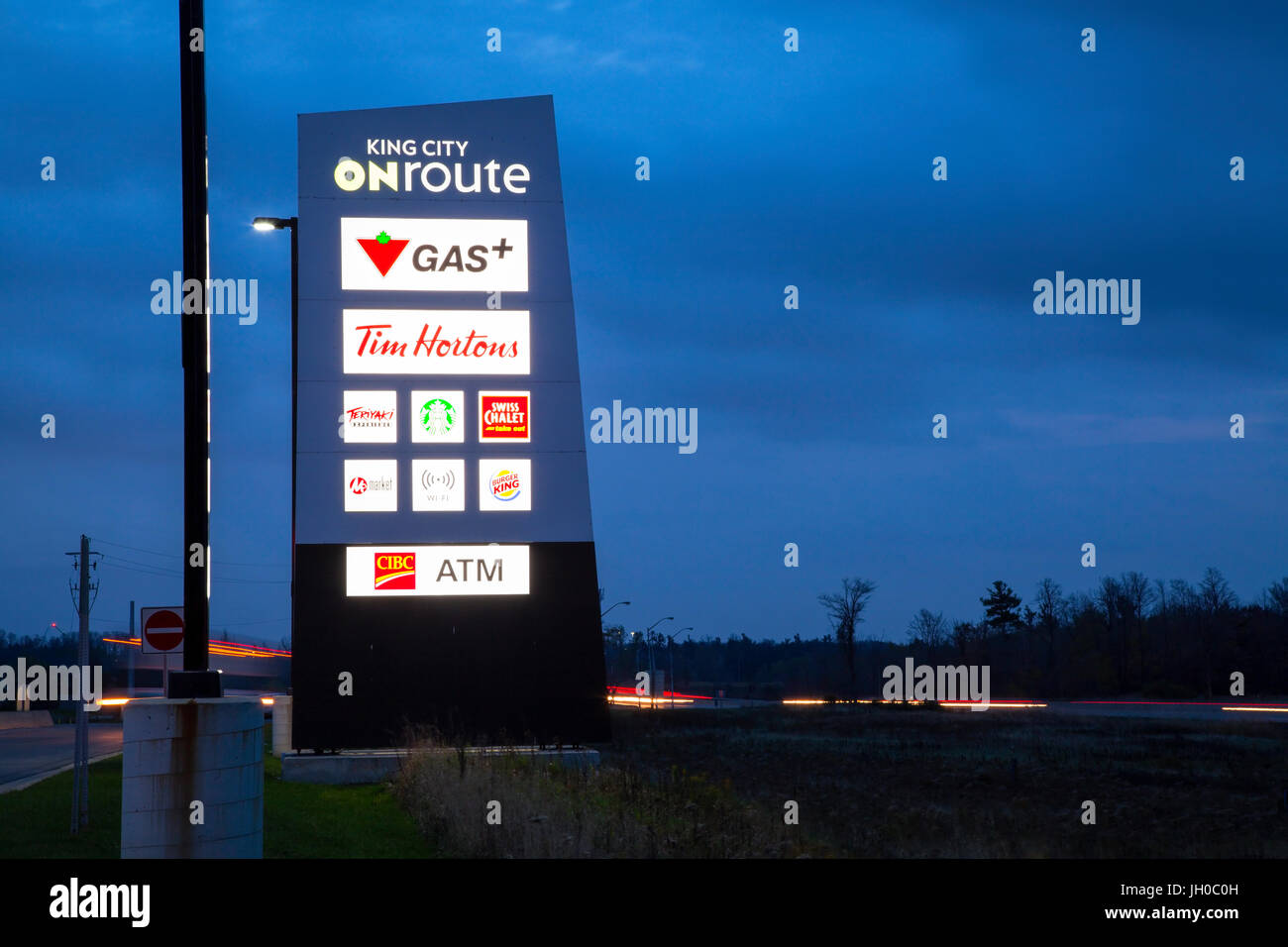 The sign for the King City ONroute service centre or travel plaza owned by Host Kilmer Service Centres HKSC in King City, York Region, Ontario, Canada Stock Photo