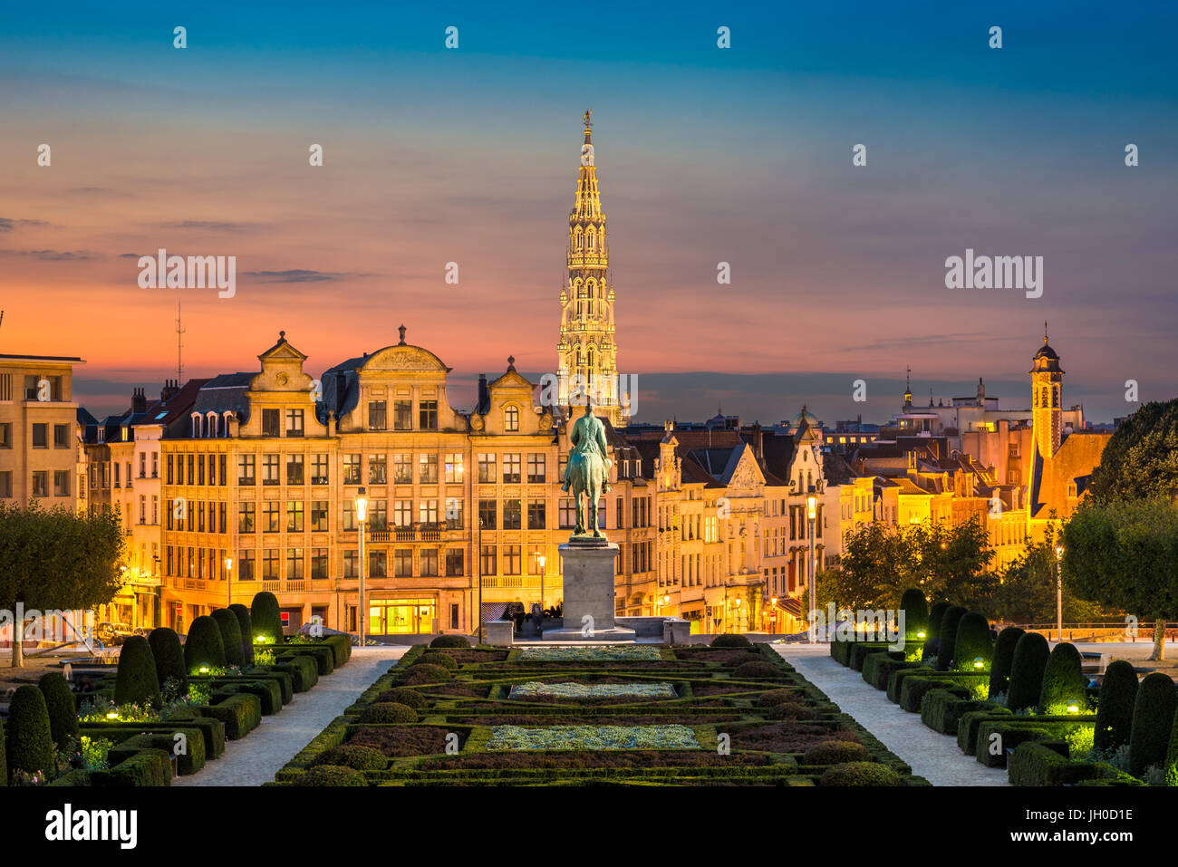 Skyline of the old city of Brussels, Belgium during sunset Stock Photo