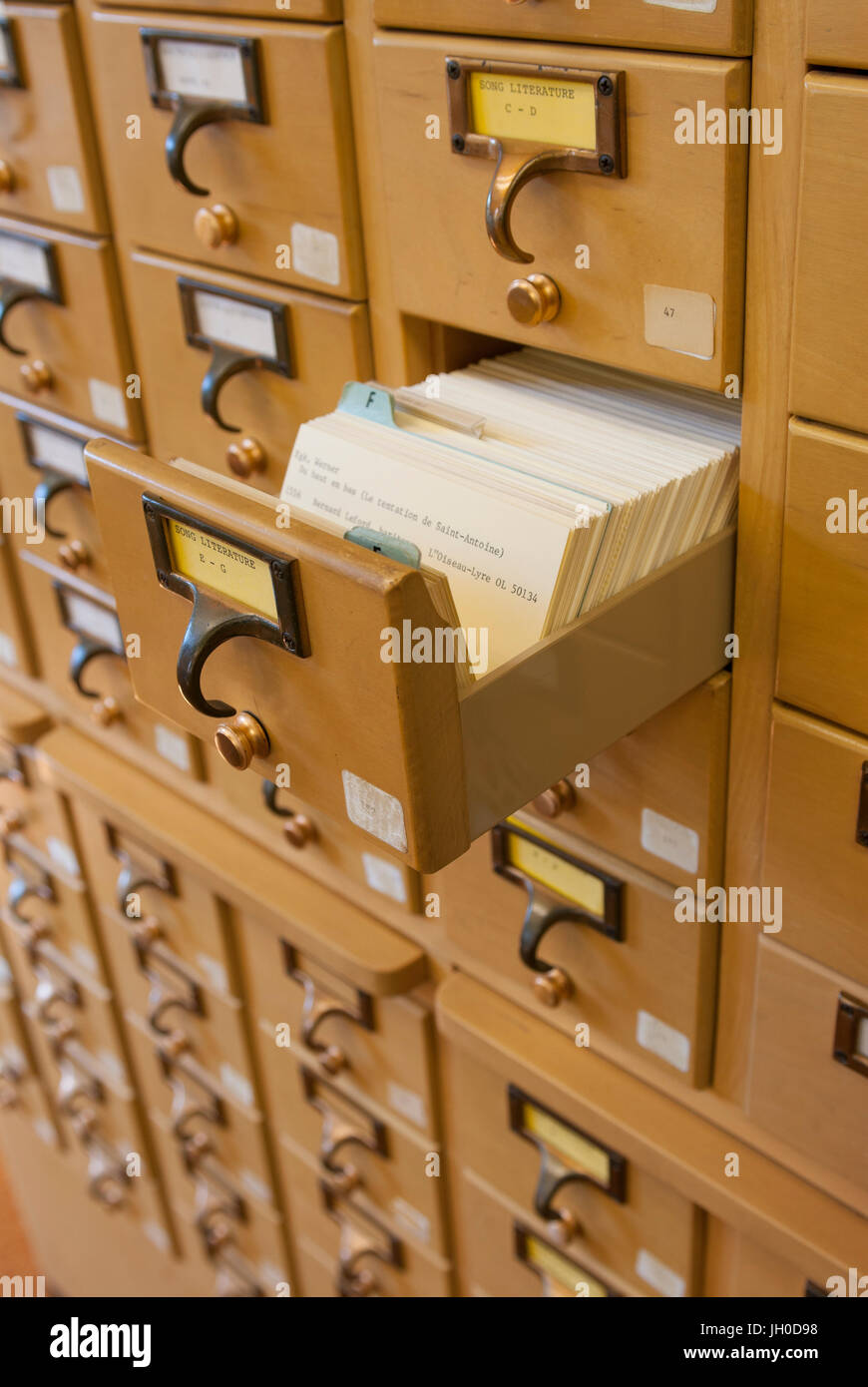 A Wooden Drawer Card Catalog In A Library Using The Dewey Decimal