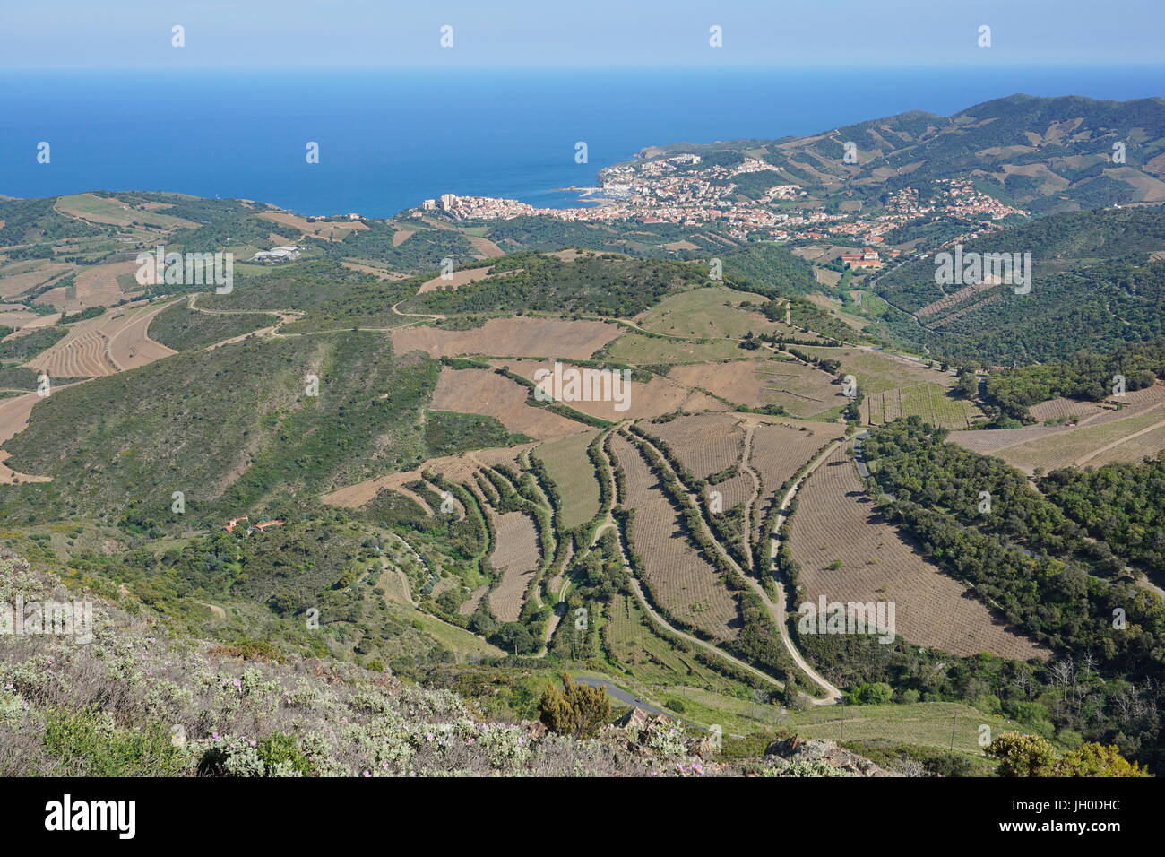 Coastal landscape viewpoint from the heights of the Cote Vermeille near the town of Banyuls sur Mer, France, Mediterranean, Pyrenees Orientales Stock Photo
