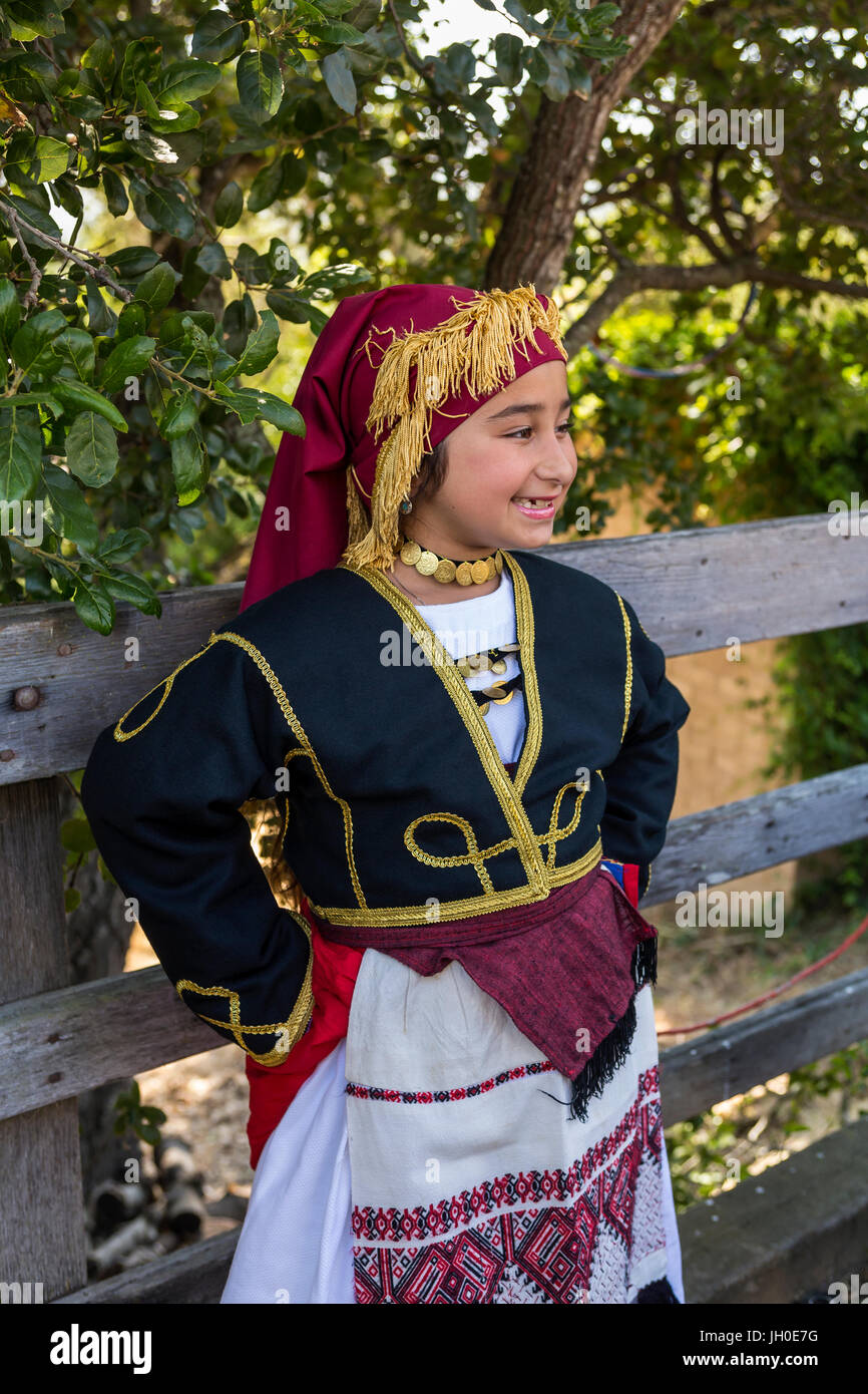 1, one, Greek-American girl, Greek folk dancer, traditional costume, Marin Greek Festival, city of Novato, Marin County, California Stock Photo