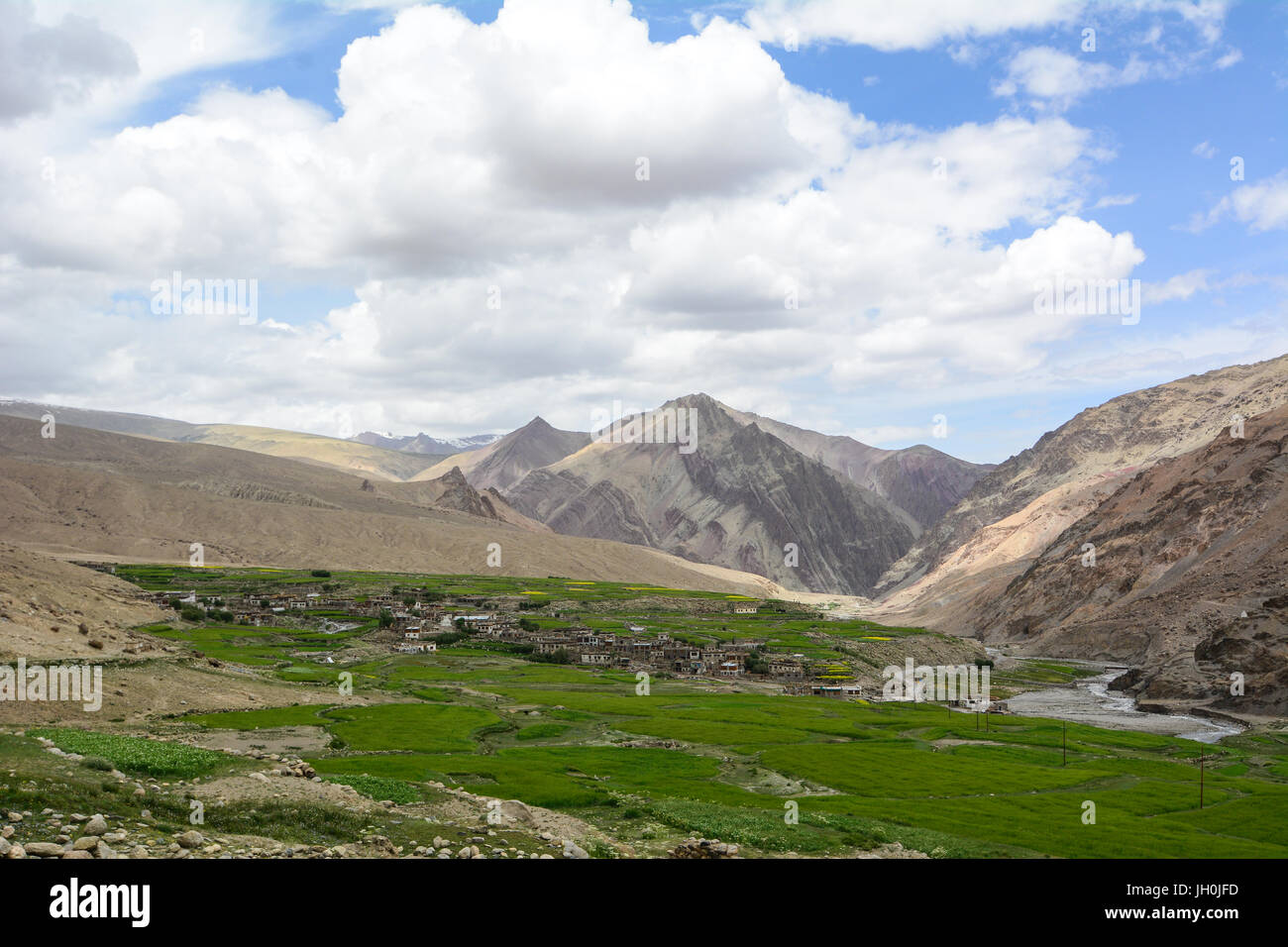 Tibetan village with green valley at sunny day in Leh, Ladakh, India ...