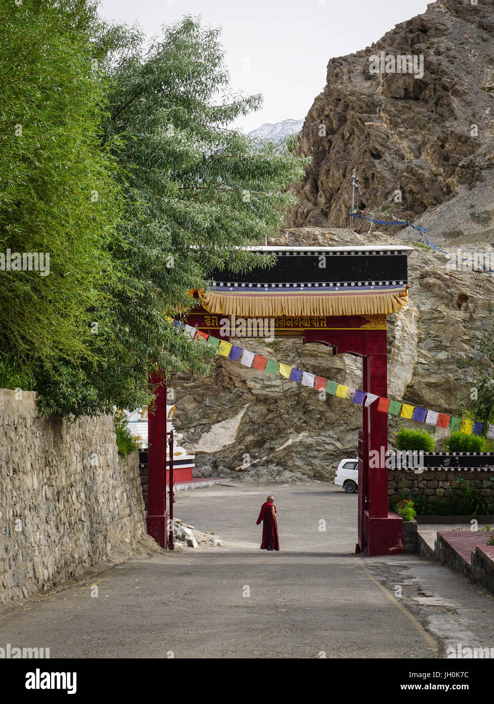 Ladakh, India - Jul 17, 2015. The gate of Thiksey Monastery in Ladakh, India. Thiksey Monastery is one of the important and largest monasteries in the Stock Photo