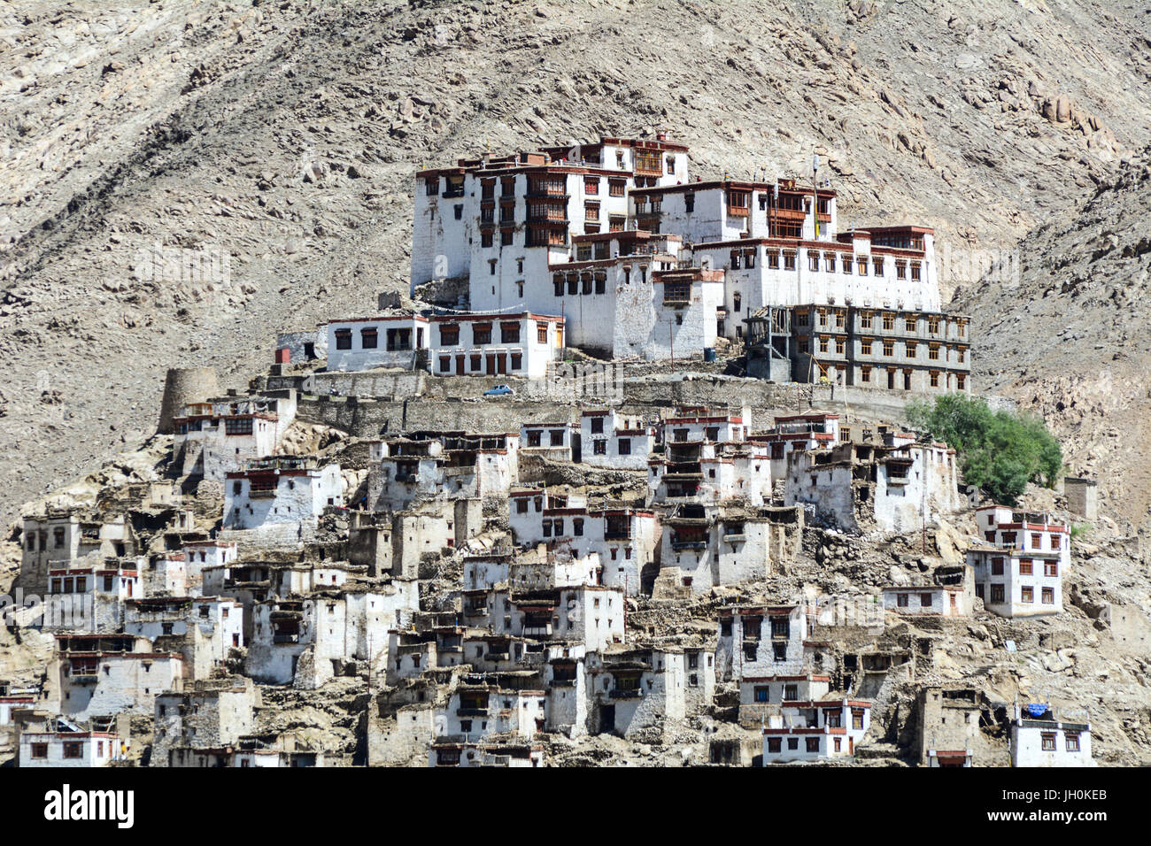 View of Thiksey Gompa in Ladakh, India. The Monastery is noted for its resemblance to the Potala Palace in Lhasa, Tibet and is the largest gompa in ce Stock Photo