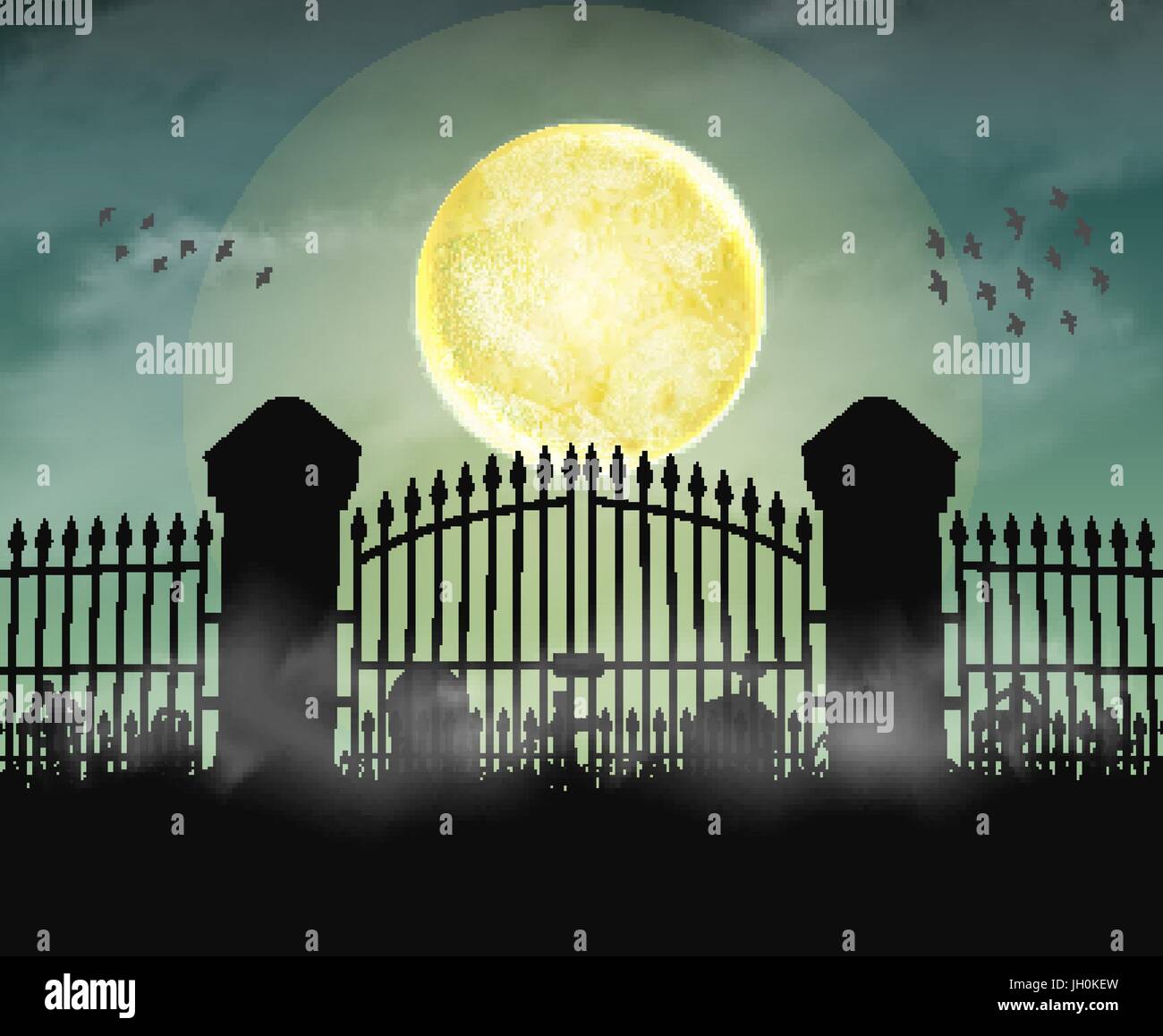 silhouette cemetery graveyard gate with moon night Stock Vector