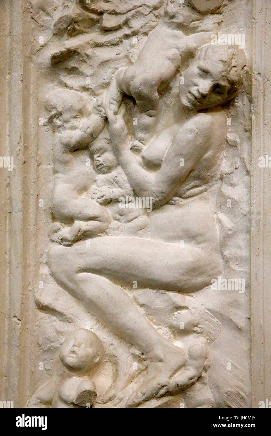 Rodin museum, Paris. Gates of Hell, left pilaster, bottom section. c. 1885-1890, plaster. France. Stock Photo