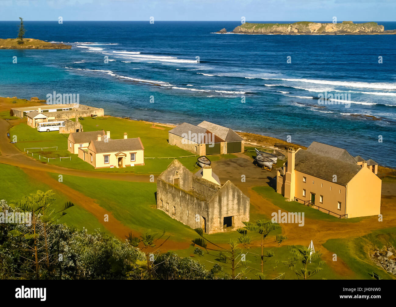 Norfolk Island old pier store and settlement guardhouse buildings with